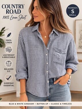 Country Road Linen Shirt Womens Small Blue White Gingham Button Up Lightweight